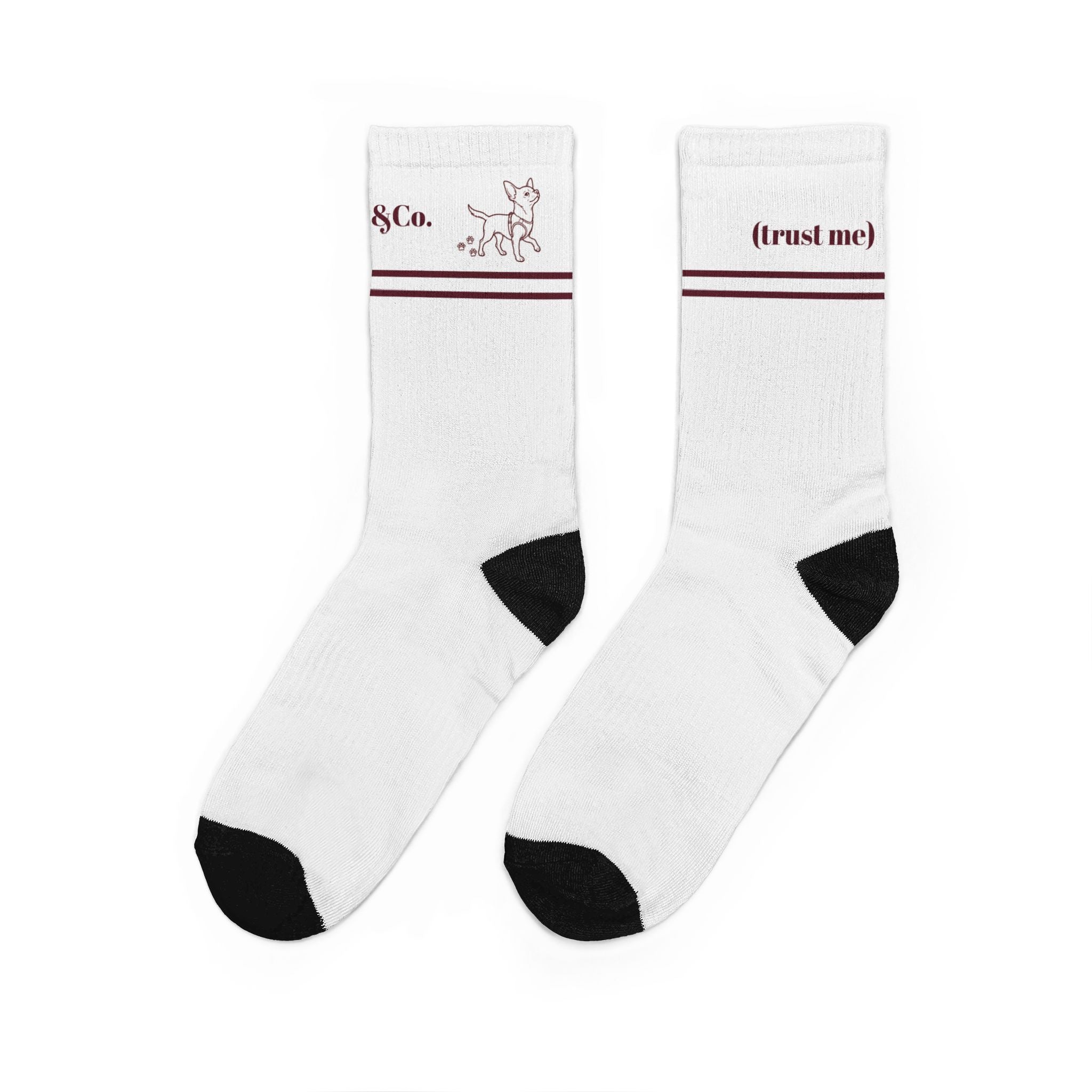 Detail of the 'Tiny steps (trust me)' dog print on Steve & Co. crew socks