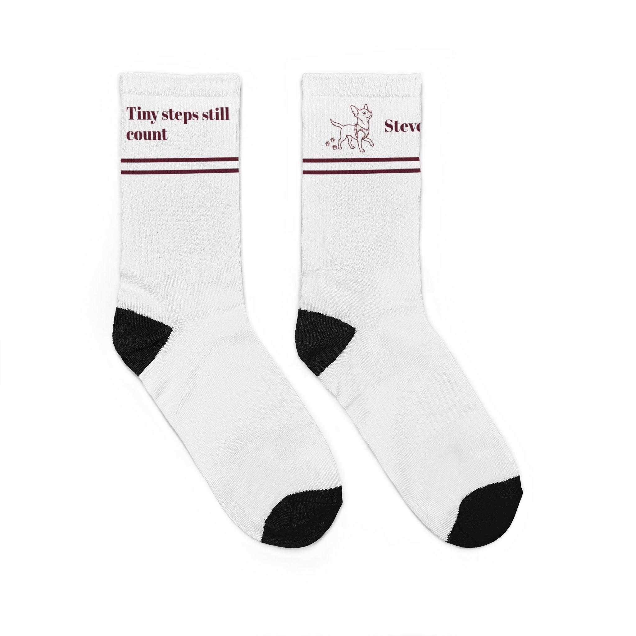 Steve & Co. white ribbed crew socks worn, showing the tiny dog graphic