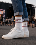 White cushioned crew socks with wrap-around chihuahua line art — Steve & Co. 'Tiny Steps' socks