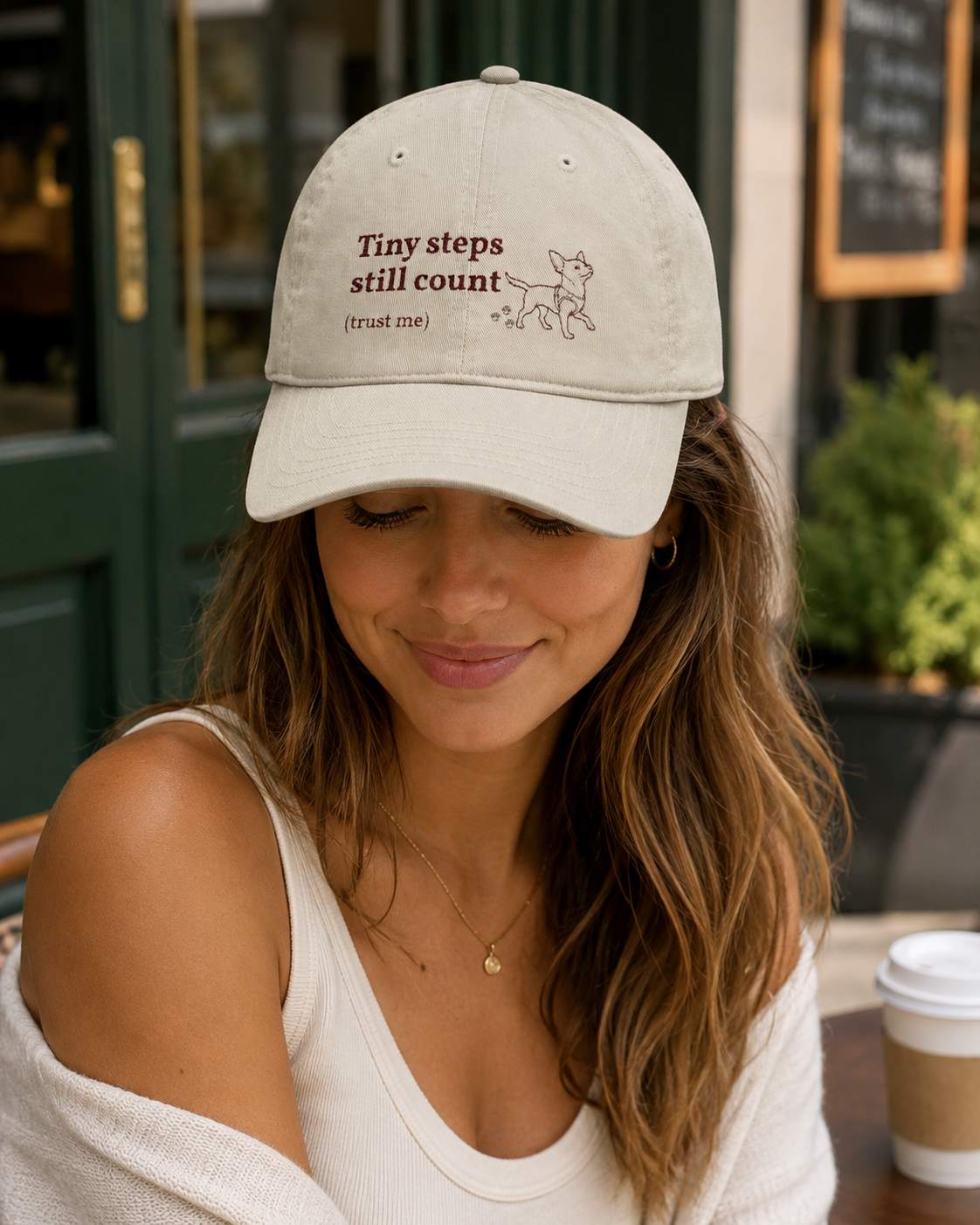 "Tiny steps still count (trust me)" Organic Embroidered Baseball Cap