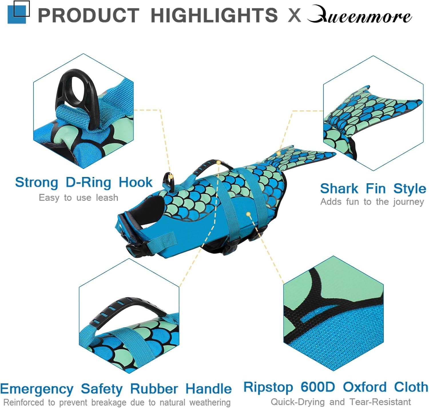 Mermaid Dog Life Jacket, Dog Life Vest for Swimming, Blue, XS