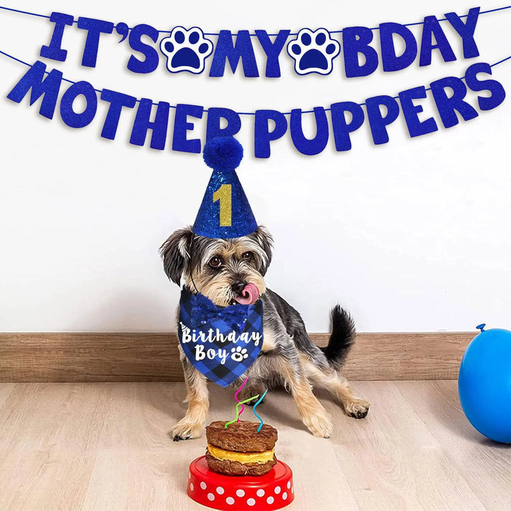 Dog Birthday Party Kit - Bandana, Hat, Bow Tie & Bday Banner for Small Dogs, Puppy Decor with It’S My Bday Signs Boy/Girl