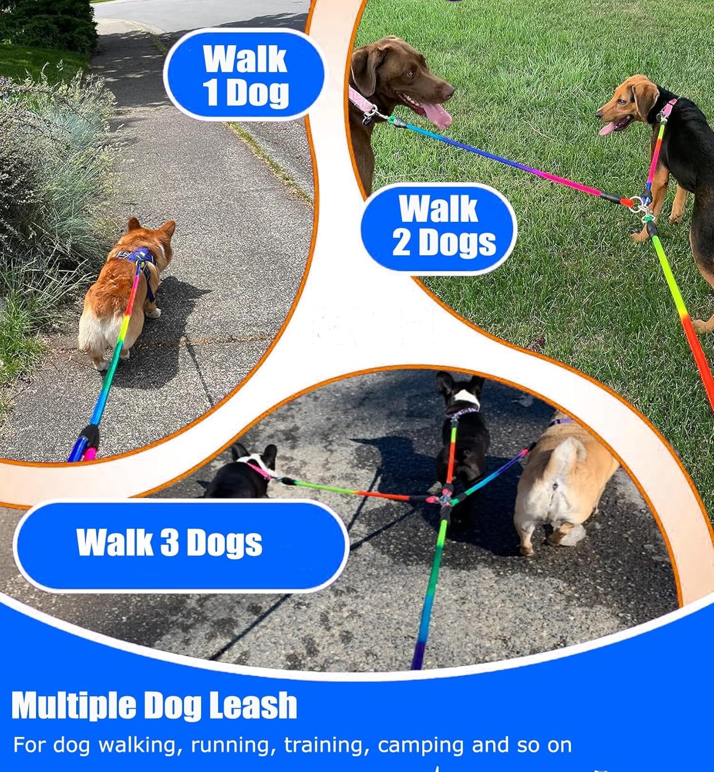 Heavy Duty 3 Dog Leash for Large Dogs No Tangle Detachable 360° Swivel Device with Padded Handle for Two/Three Pets